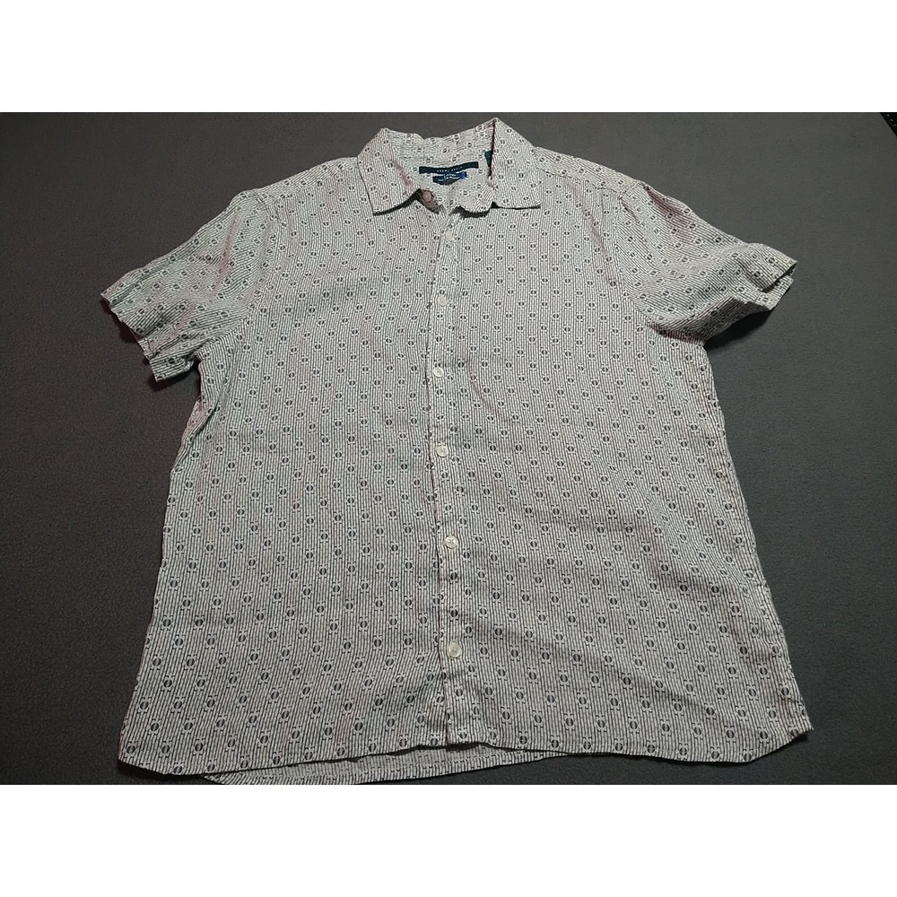 Perry Ellis Linen Shirt Men M Blue‎ Stripe Short Sleeve Preppy Nerd Work Date